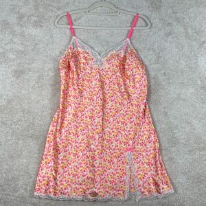 Victoria's Secret Floral Satin Lace Trim Slip Dress Pink Orange Yellow Large
